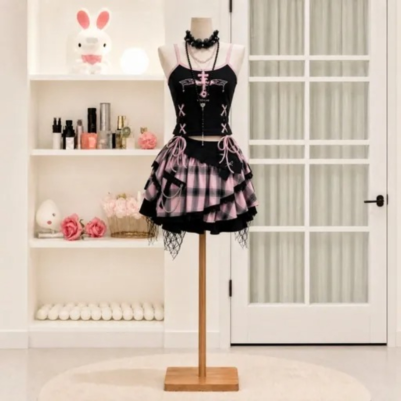 Cami Top Lace - Ensemble jupe vintage Y2K Dark Sweet